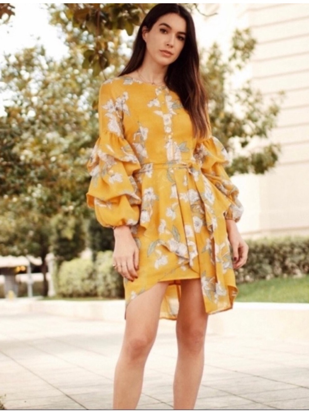 Chriselle x J.O.A Floral Print Revive puff sleeves buttoned mini Dress sz.XS